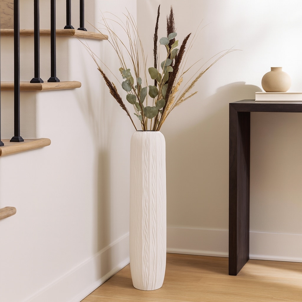 Decorative Vase - White Ceramic Modern Rough Cylinder Floor, 32 in.