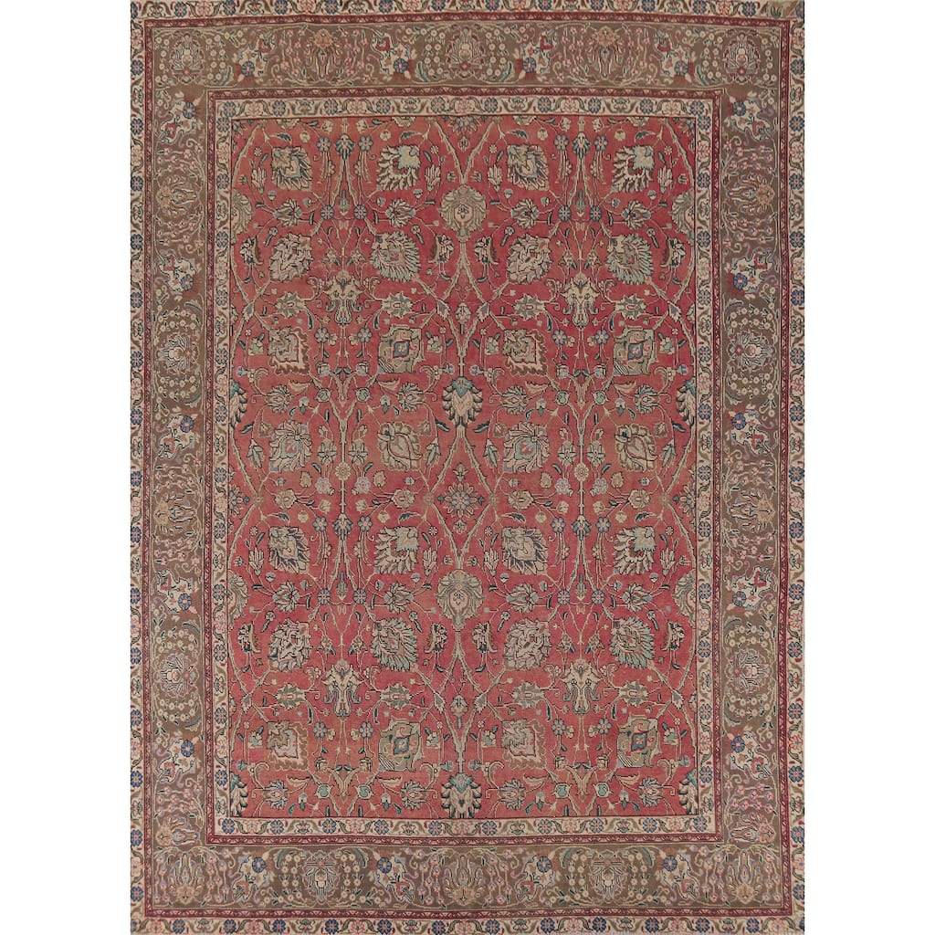 All-Over Pink Floral Tabriz Persian Vintage Rug Handmade Wool Carpet - 9'6"x 12'9"