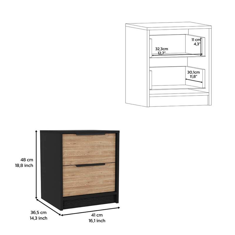 Modern Black and Pine Nightstand with Two Drawers