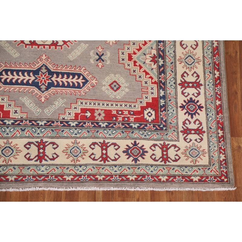 Hand Knotted Oriental 100% Wool Carpet Traditional Geometric Brown Kazak Area Rug - 9' 5'' X 6' 7''