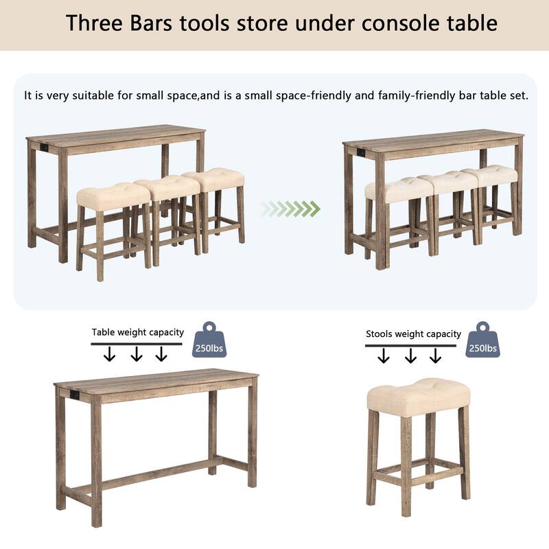 4 Piece Bar Kitchen Table Set with Power Outlet and USB Port & 3 Padded Stools