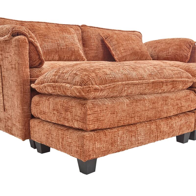Chenille Sleeper Sofa Bed Deep Seat Loveseat Sectional Couch with Ottomans Chaise Lounge, Detachable Armrests and Side Pockets