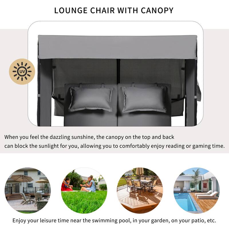 2-Piece Outdoor Rattan 5 Positions Daybed with Bench & Cushions