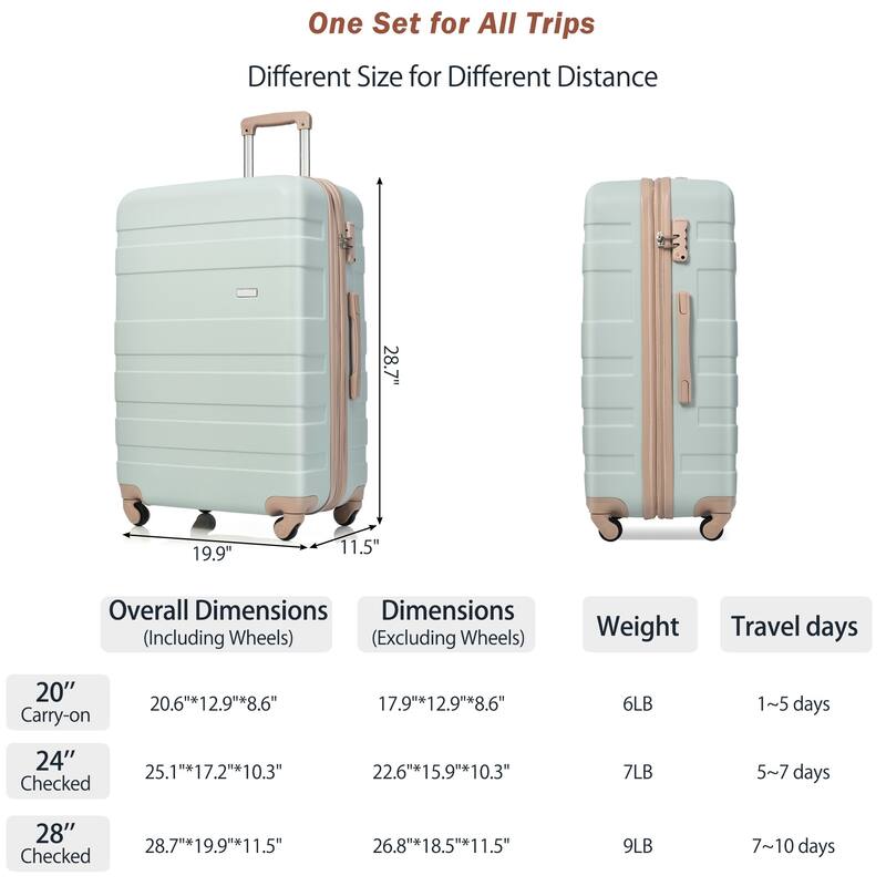 Fashionable Luggage Hardside Luggage with Expandable Storage and Safety Lock, for Boarding Travel, 3 Piece Set