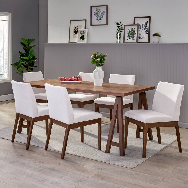 Kwame Mid-Century Modern 7 Piece Dining Set by Christopher Knight Home - Walnut + Light Beige