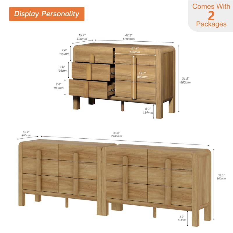 WAMPAT Mid Century 6 Drawer Dresser Set Of 2, 47.2" Modern Chest Of Drawers With Storage, Curved Profile Wood Double Dresser