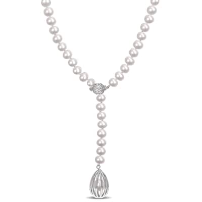 Miadora Cultured Freshwater Pearl Cage Lariat Y-Necklace in Sterling Silver