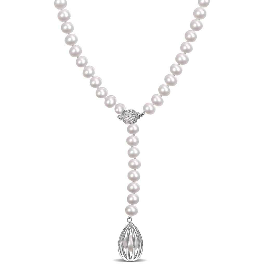 Miadora Cultured Freshwater Pearl Cage Lariat Y-Necklace in Sterling Silver