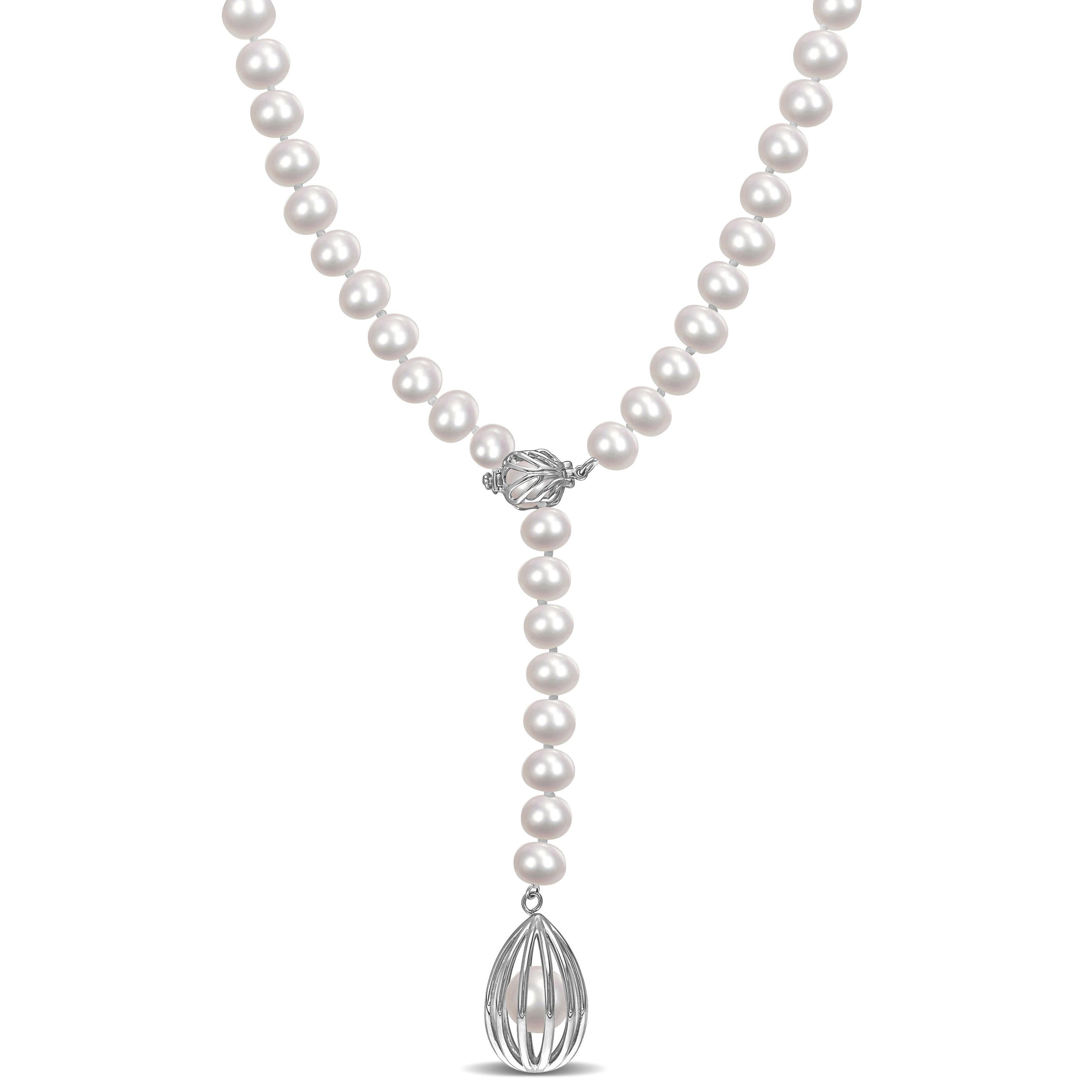 Miadora Cultured Freshwater Pearl Cage Lariat Y-Necklace in Sterling Silver