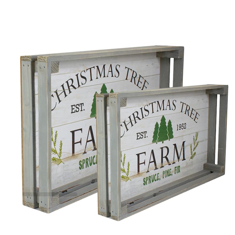 Set of 2 Gray and White Farm Fresh Christmas Trees Wooden Tray Hanging Signs 21"
