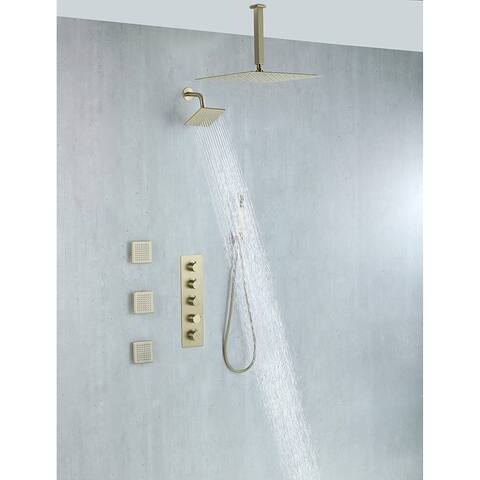 brushed gold dual shower heads 4 way thermostatic shower system with body jets - 7'6" x 10'9"
