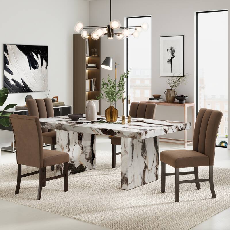 Roundhill Furniture Cavira 5-Piece Modern Faux Marble Dining Set, Double Pedestal Table with 4 Upholstered Chairs