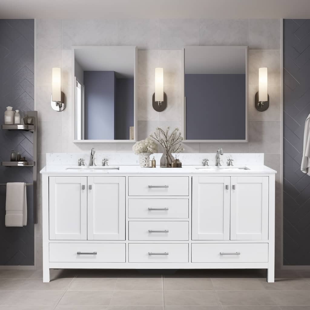 Prismatica 72 in. White Vanity with Countertop & Splash, Double Sinks