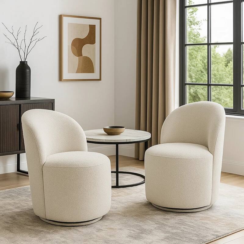 Accent Chair Set of 2, 360 Degree Swivel Rotation, Beige White Boucle
