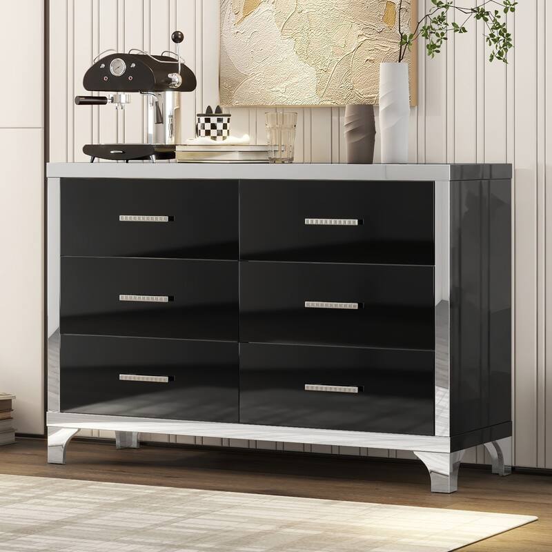 Elegant High Gloss Dresser with 6 Drawers - Black
