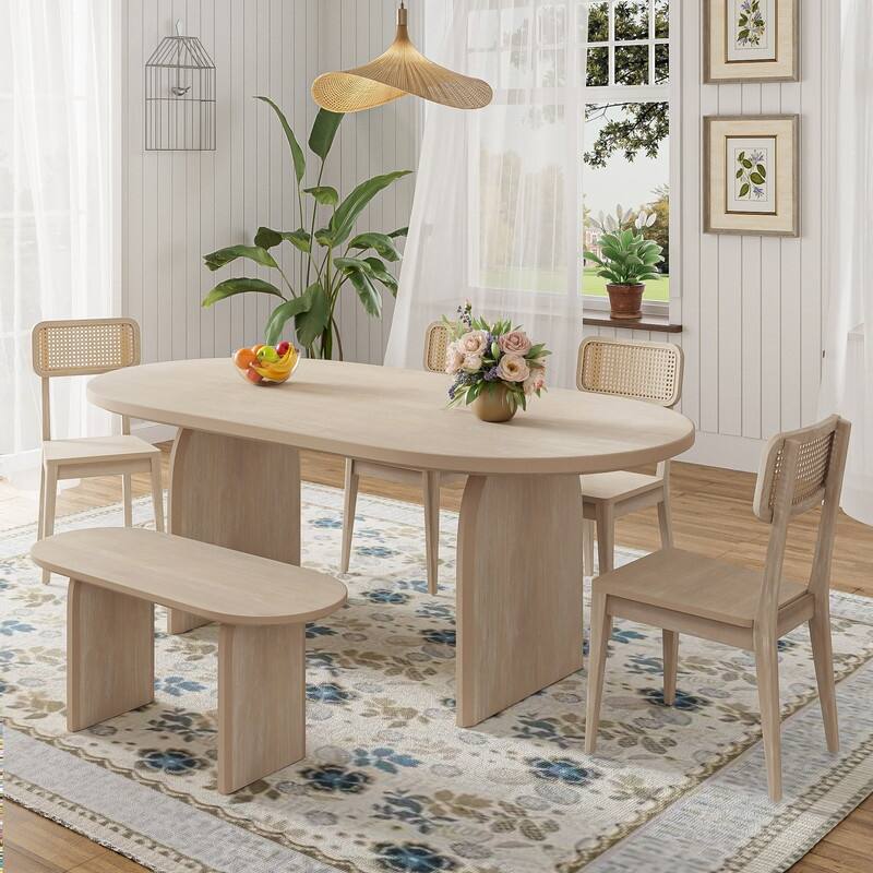Oval Dining Table Set for 6 with Rattan Backrest Chair, 6-Piece Mid Century Modern Farmhouse Table with Chairs and Bench - Natural