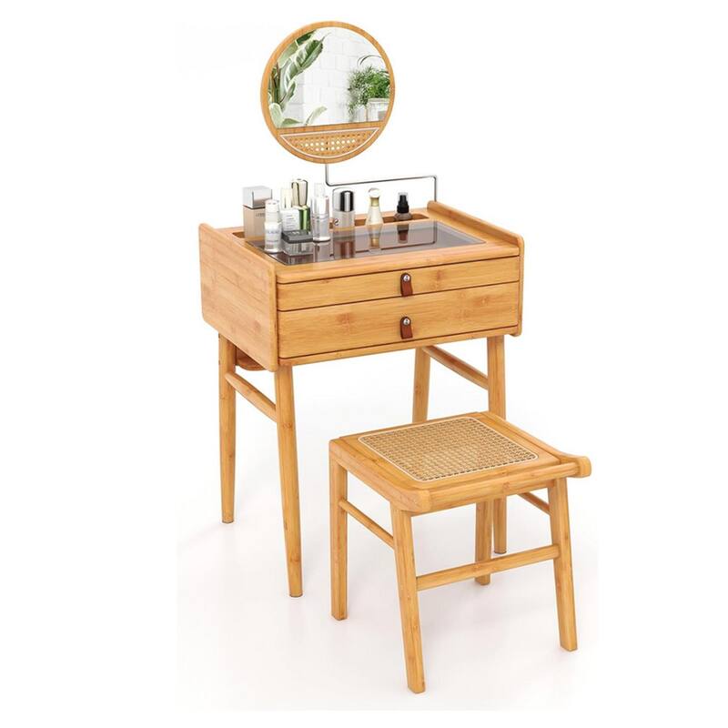Gymax Vanity Table Set Bamboo Makeup Dressing Desk Stool Tempered