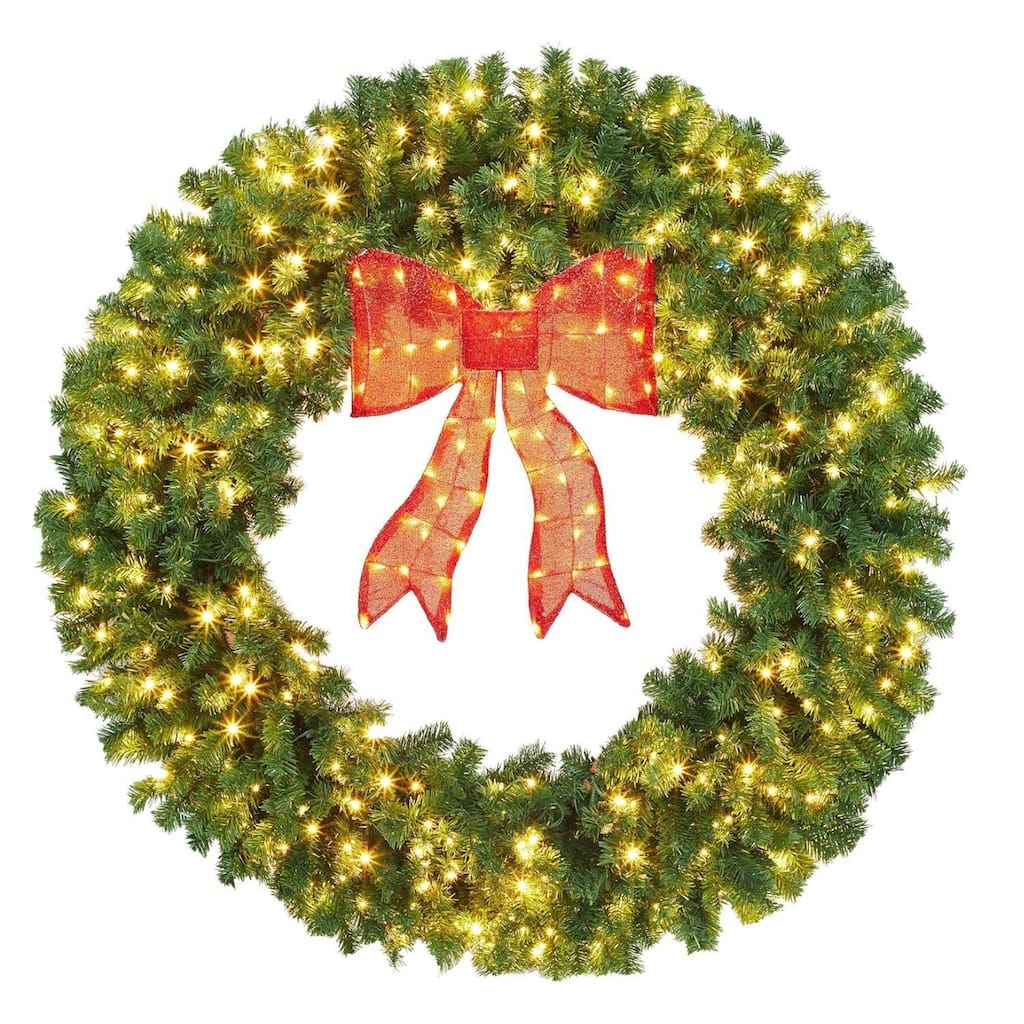 Pre-Lit Christmas Wreath with Bow for Indoor Outdoor Holiday Party