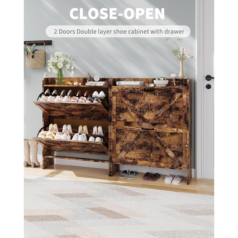 Freestanding Slim Shoe Storage Cabinet with 2 Flip Drawers for Entryway Hallway