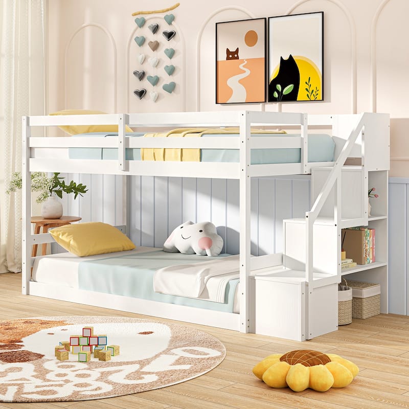 Twin Over Twin Low Bunk Bed with Storage Stairs, Floor Bunk Bed Frame