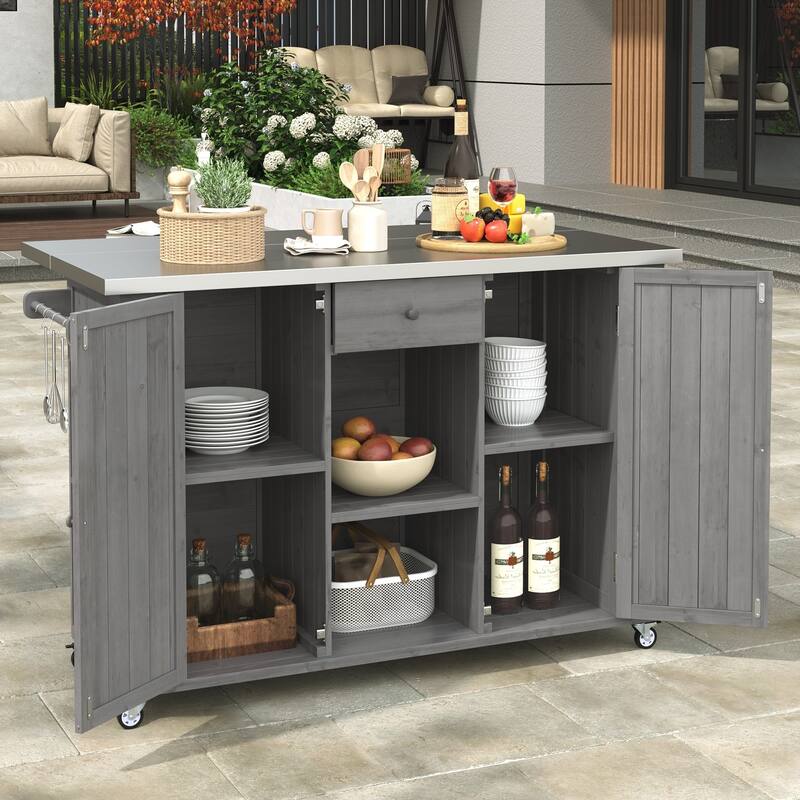 Outdoor Kitchen Island Fir Wood Kitchen Island with Stainless Steel Top, Ample Storage Space, Towel and Spice Racks