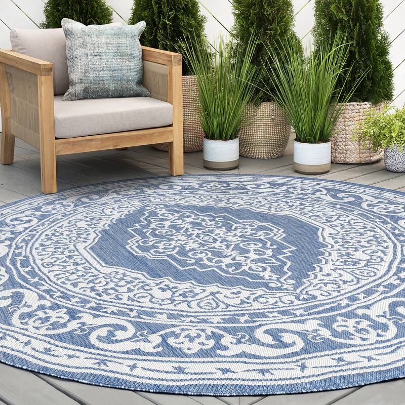 Exo Coastal Oriental Indoor/Outdoor Area Rug - 5'3'' Round - Blue/Cream