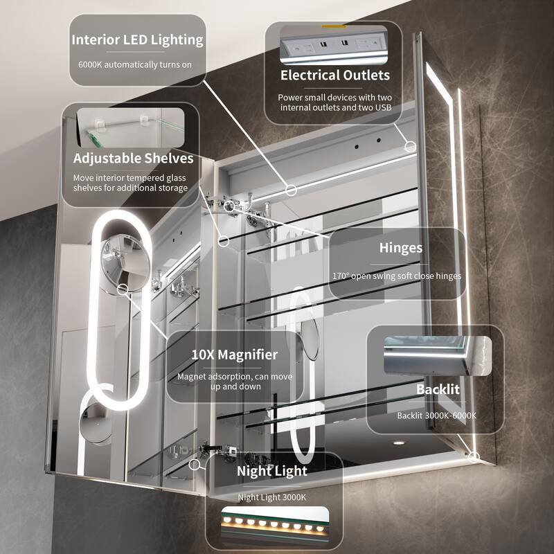 36'' H Recessed or Surface Mounted Bathroom LED Mirror Cabinet With Defogger, Dimmer, 10x magnifying