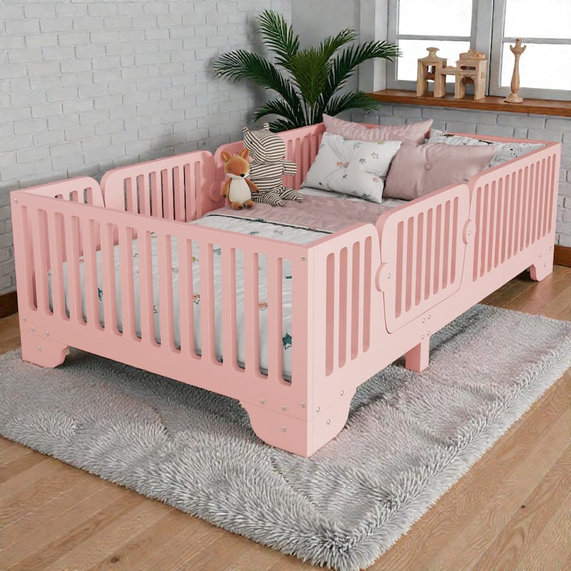 Montessori Floor Bed with Fence and Door, Kids Floor Bed Frame with Slats, No Box Spring Needed - Pink - Twin
