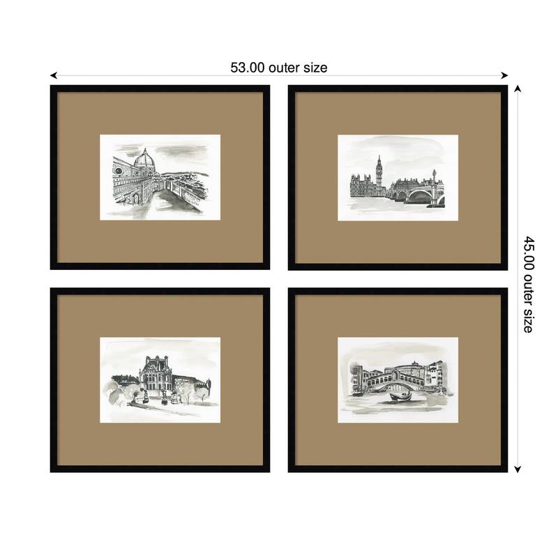 Kate and Laurel Vintage Europe 4 Piece Framed Wall Art Print Set by Teju Reval Brown Mat