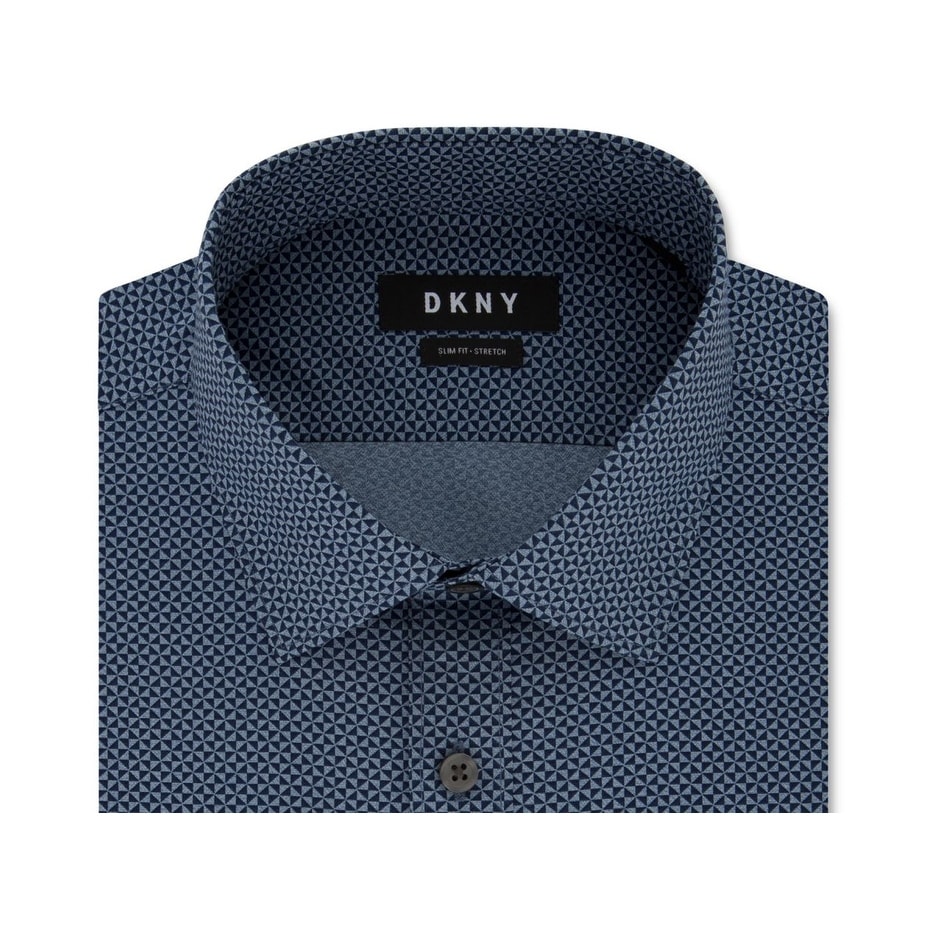 DKNY Men's Geometric Printed Slim Fit Stretch Dress Shirt Blue