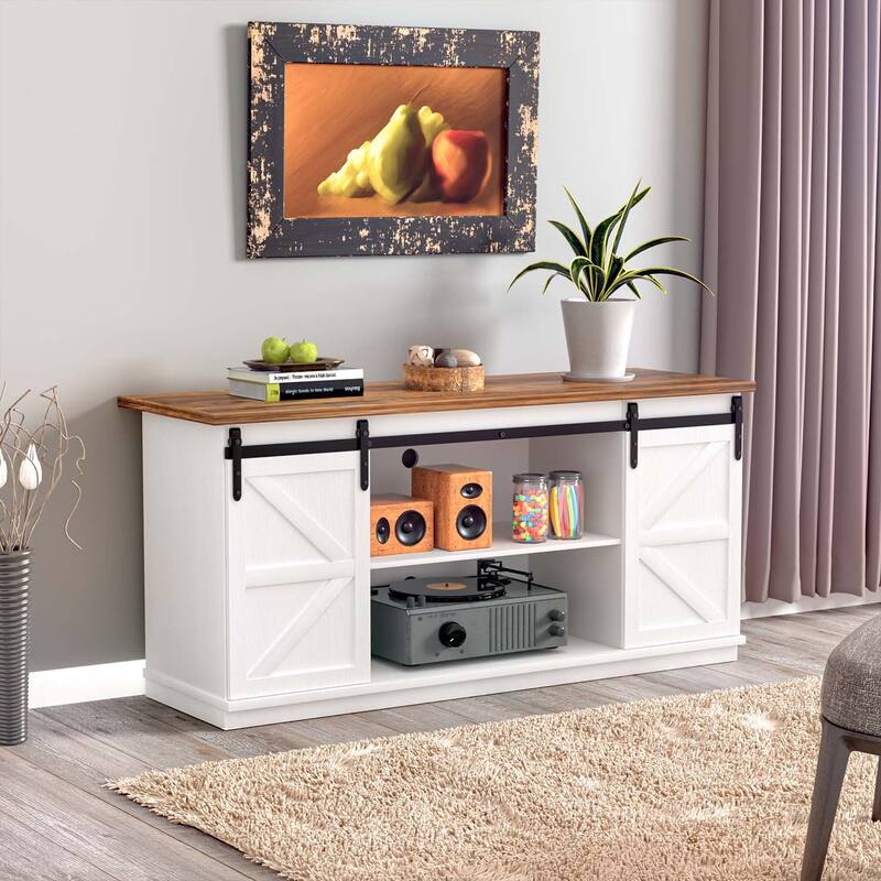 TV Stand 2 -shelf for TVs 43'' up to 65''. Simple living and Modern Mid-century, farmhouse barn door -easy to store something