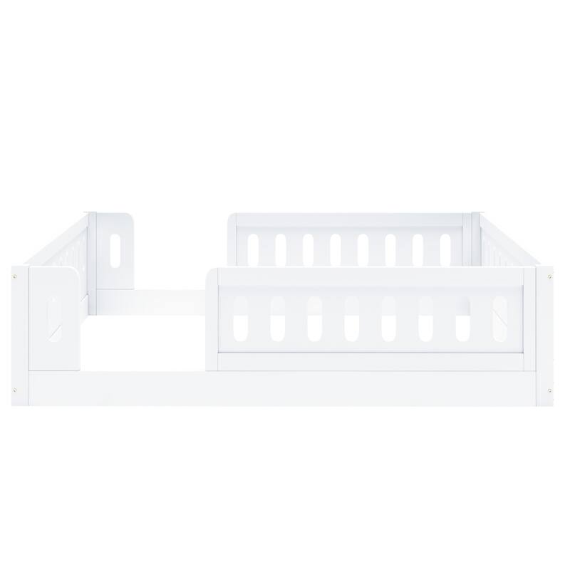 Kids Wood Floor Bed with Semi-Enclosed Guardrail and No-Slat Design
