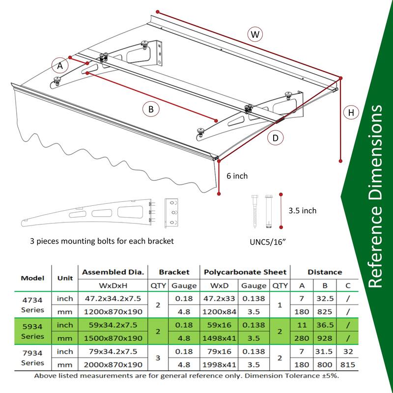 Series Door Window Awning Canopy Made of 0.137Inch Thick Crystal Solid Polycarbonate Sheet and Aluminum Alloy with Valance