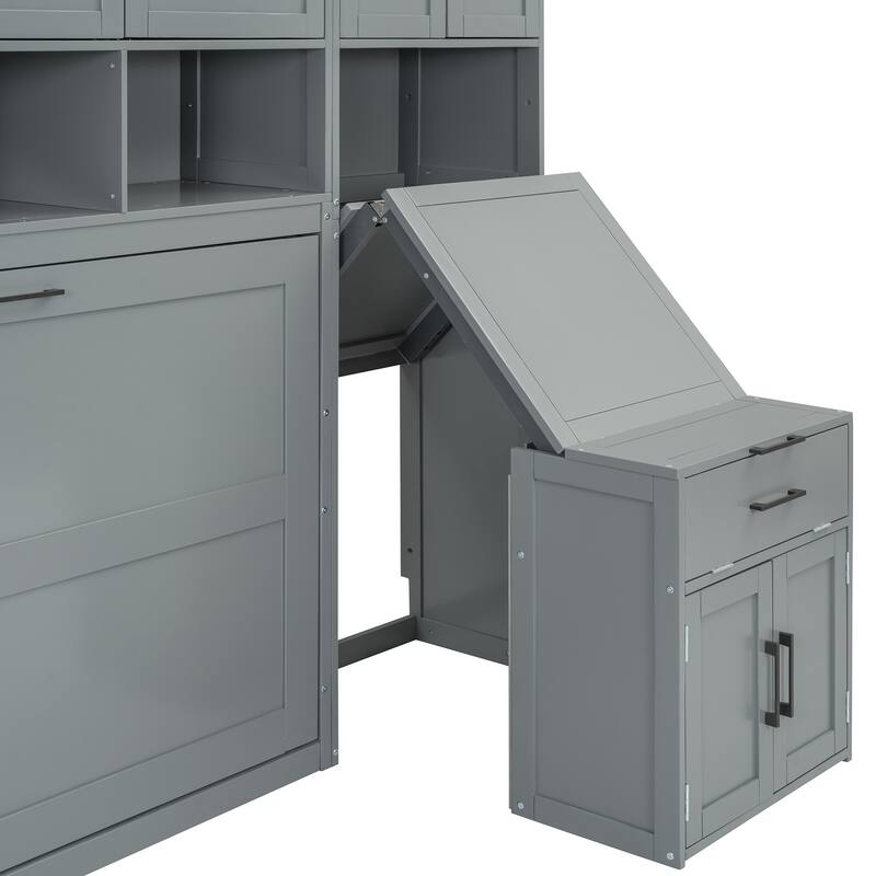Space-Saving Twin Murphy Bed with Integrated Closet, Drawers & Desk in Gray