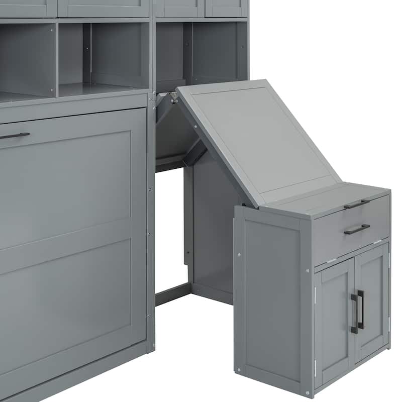 Twin Size Murphy Wall Bed with Closet, Drawers, and Desk, Space-Saving Storage Solution