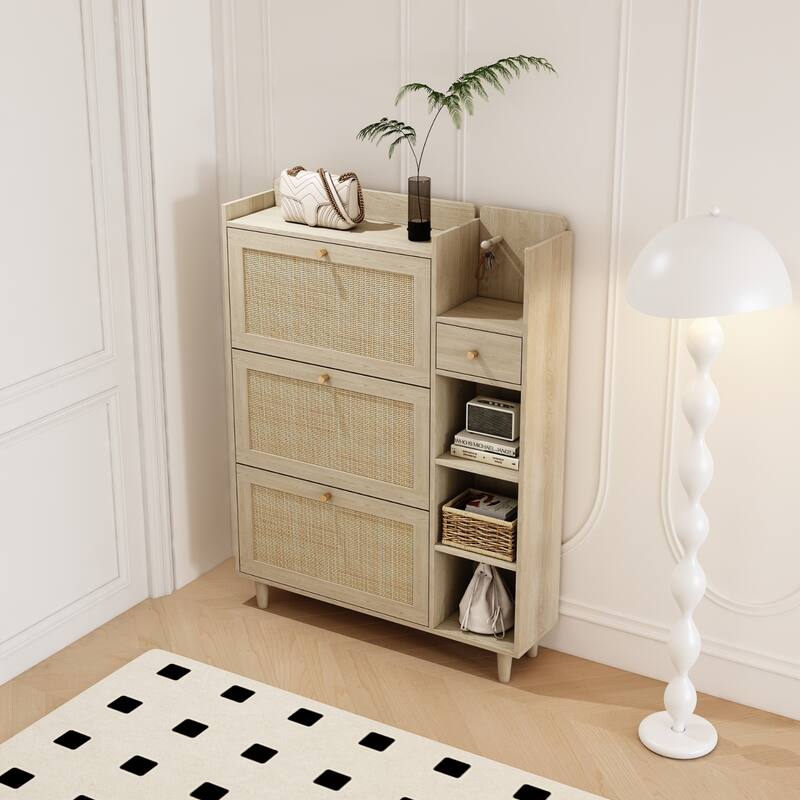 Boho-Inspired Shoe Organizer Rack Cabinet with 3 Rattan Flip Storage Drawers, 3 Shelves, and Hooks for Hallway, Entryway