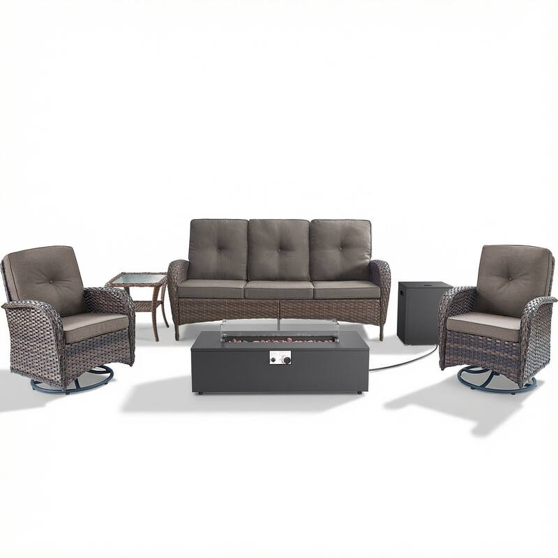 Pocassy Outdoor 5-Piece Sofa Swivel Chair with Fire Pit Table