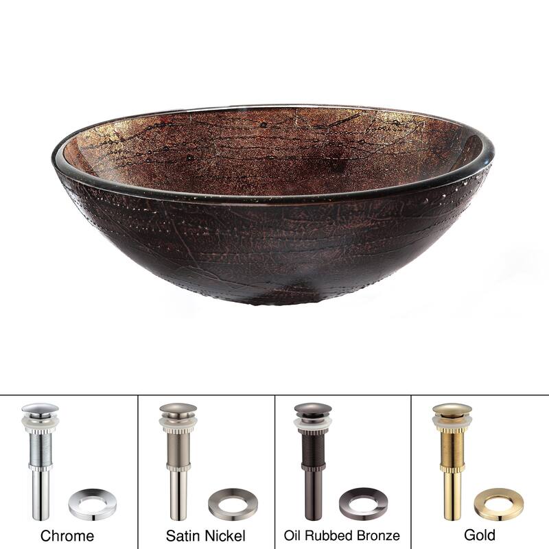 KRAUS 16 1/2 inch Brown Round Glass Vessel Bathroom Sink - Sink with Chrome Pop Up Drain/ Mounting Ring