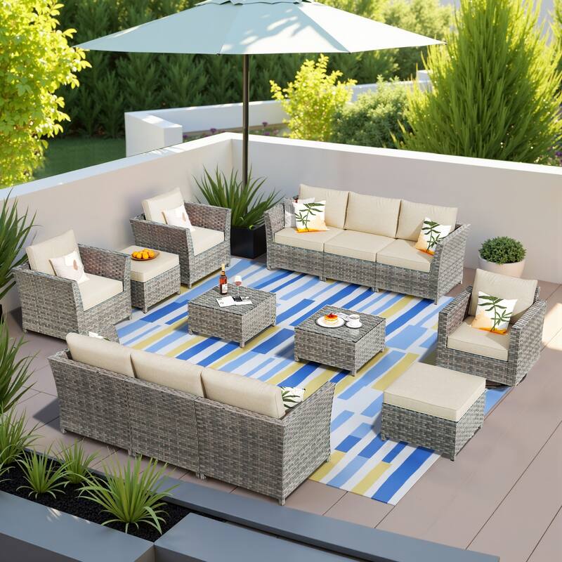 HOOOWOOO 13-piece Outdoor Wicker Patio Furniture Sectional Set with Swivel Chair - Beige