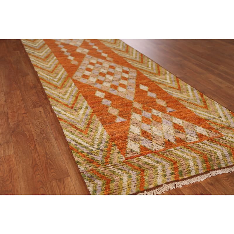 Geometric Moroccan Oriental Runner Rug Bedroom Handmade Wool Carpet - 2'10" x 9'7" - 2'10" x 9'7" - Orange