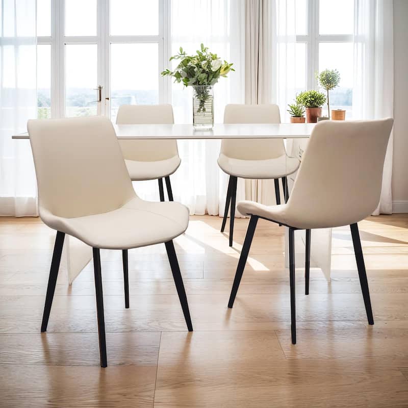 Beige PU Leather Dining Chair with Metal Legs, Modern Upholstered Chair Set of 4 for Kitchen, Restaurant, Living, Meeting Room
