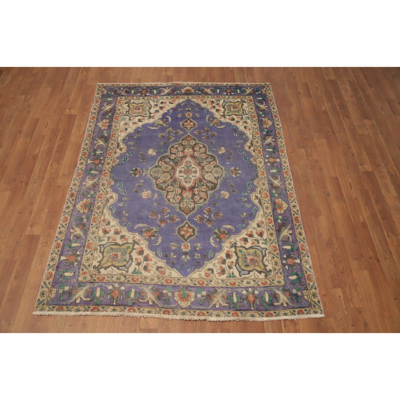 Hand Knotted Oriental 100% Wool Carpet Traditional Floral Purples Tabriz Area Rug - 6' 0'' X 4' 6''