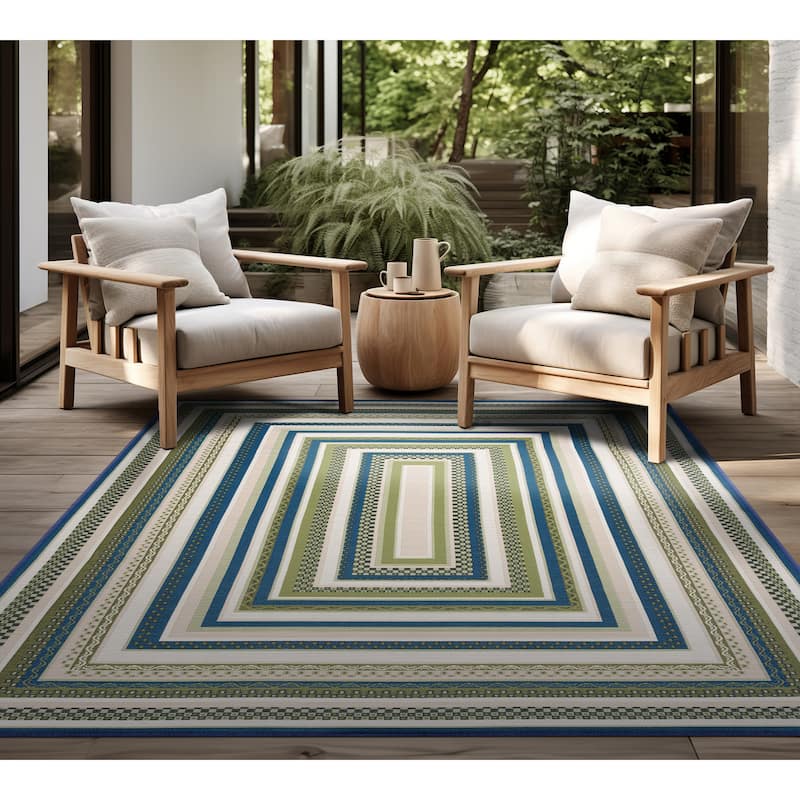 Sizzling Nautical & Coastal Striped Border Indoor/Outdoor Area Rug