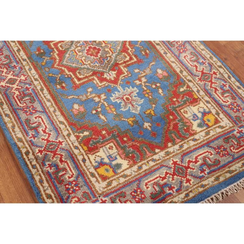 Blue Geometric Heriz Serapi Indian Foyer Rug Handmade Wool Carpet - 3'0"x 5'1"