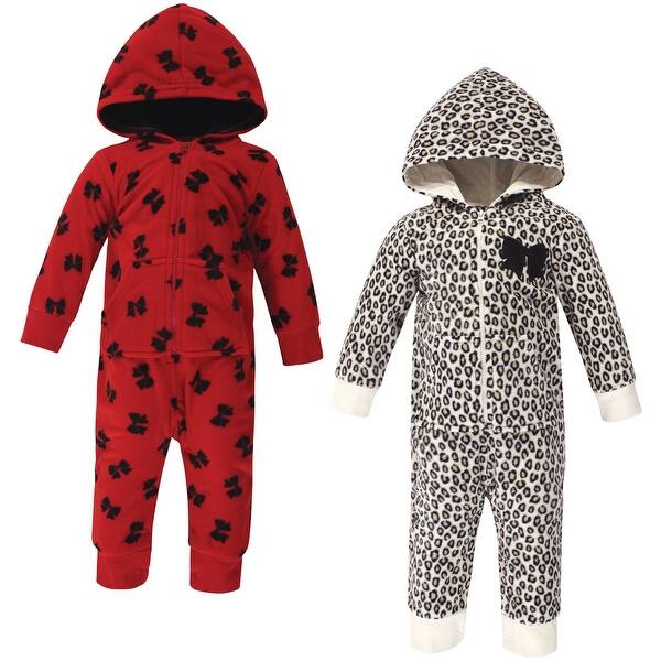 slide 1 of 1, Little Treasure Baby Girl Fleece Jumpsuits and Coveralls 2pk, Leopard Bow Brown/Red - 0 - 3 Months