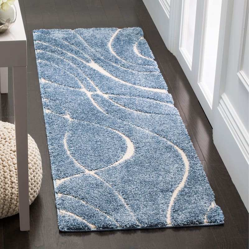 SAFAVIEH Florida Shag Sigtraud Abstract Waves 1.2-inch Area Rug - 2'3" x 11'  Runner - Light Blue/Cream