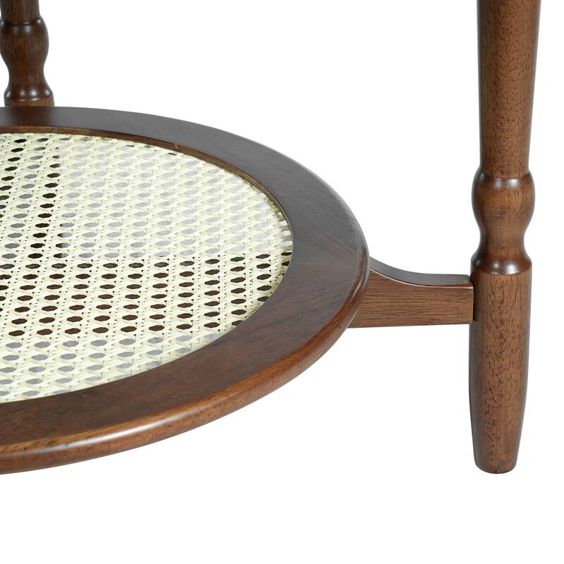 Mid-Century Style Coffee Table with Petal Shape and White Crackle Pattern Glass, 2-Tiered Coffee Table with Rattan, Walnut