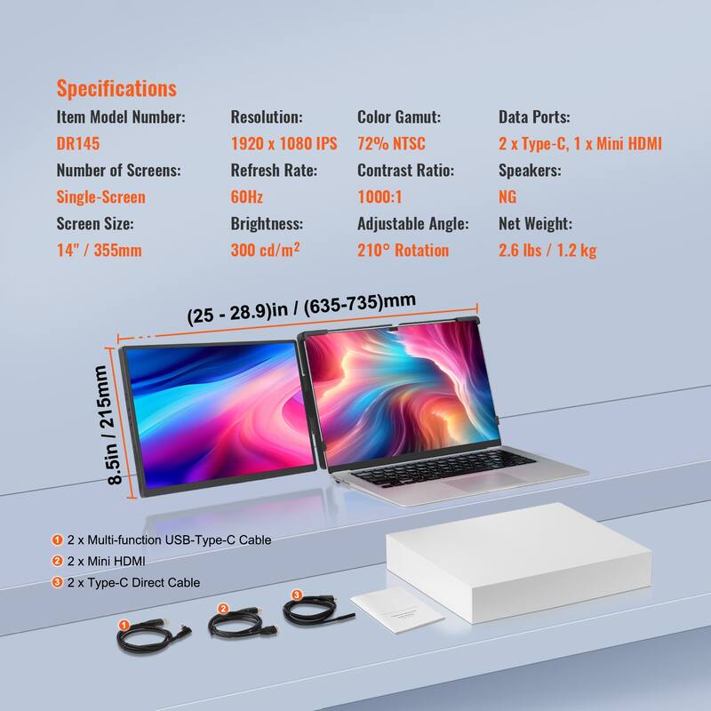 Portable Laptop Screen Extender, 14" FHD 1080P IPS Extended Monitor for 13"-17" Laptop, Swivel Portable Monitor