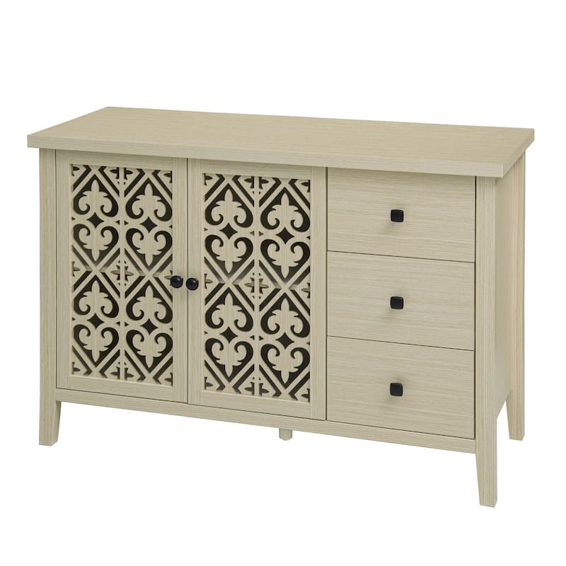 Roomfitters Hollow Carved Sideboard Buffet Cabinet with 2 Doors and 3 Drawers, Natural