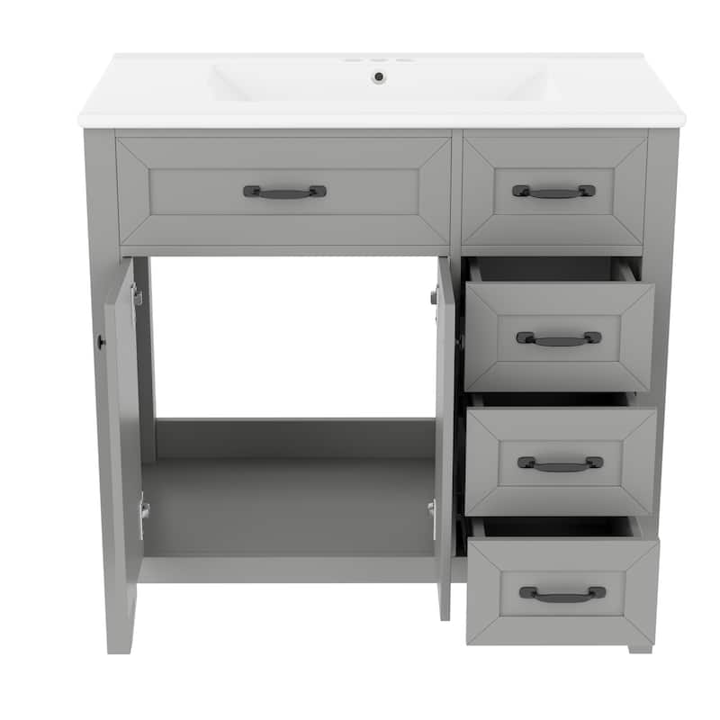 36" Bathroom Vanity w/ Sink, Lager Cabinet, 3 Drawers & Metal Handles